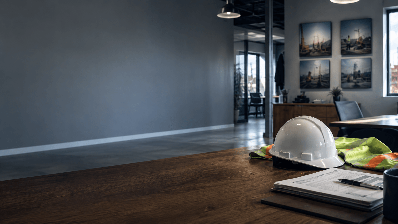 A hard hat and hi-vis vest on a union hall conference table beside job paperwork