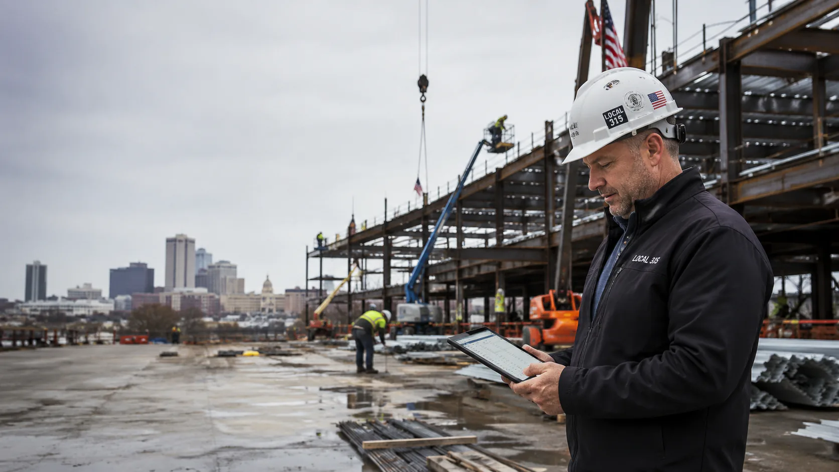 Union superintendent checking a tablet on a downtown jobsite as steel goes up behind him