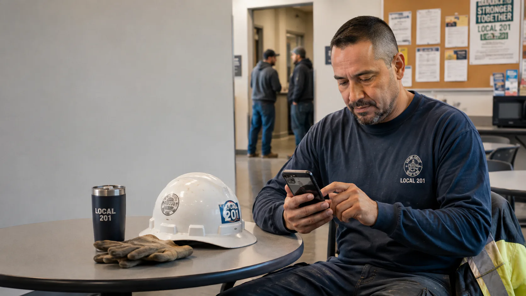 Union member checking his phone on a break at the hall, hard hat on the table