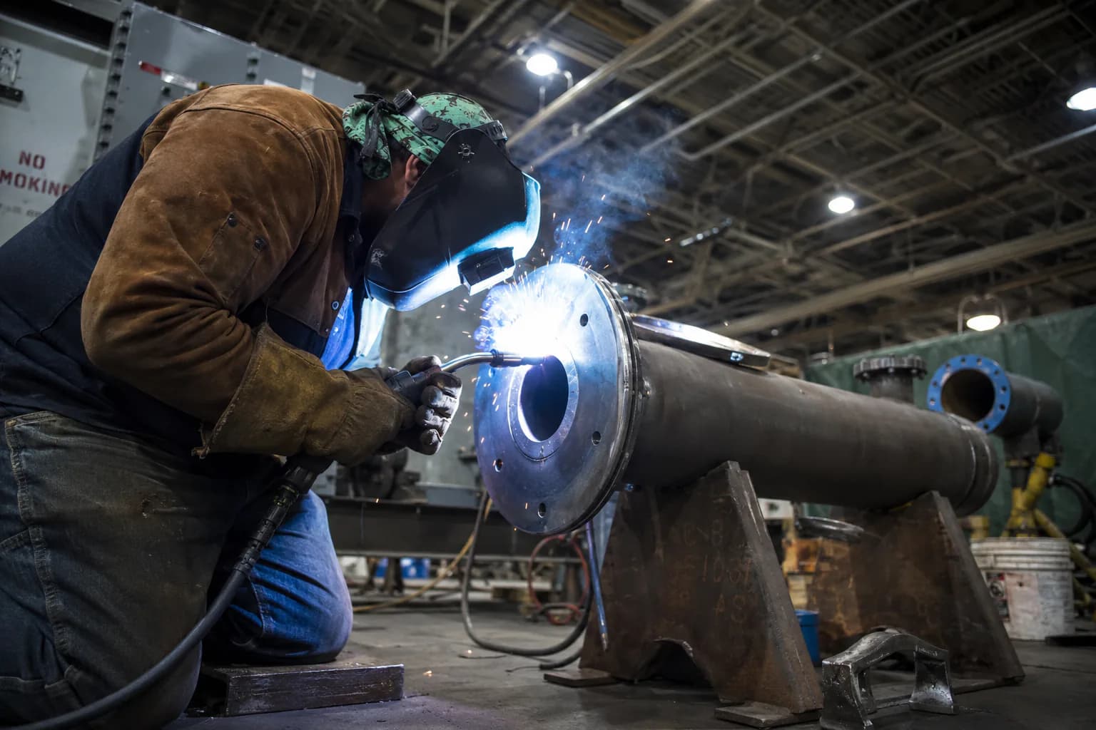 Pipe welder running a root pass on a flanged spool in a fabrication shop